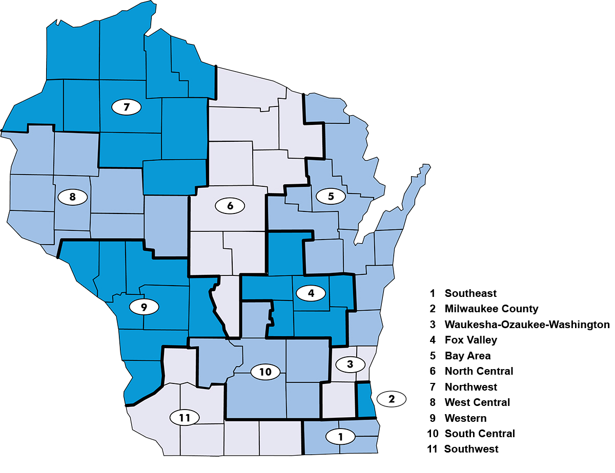 Map of the state of Wisconsin counties split into WDA areas